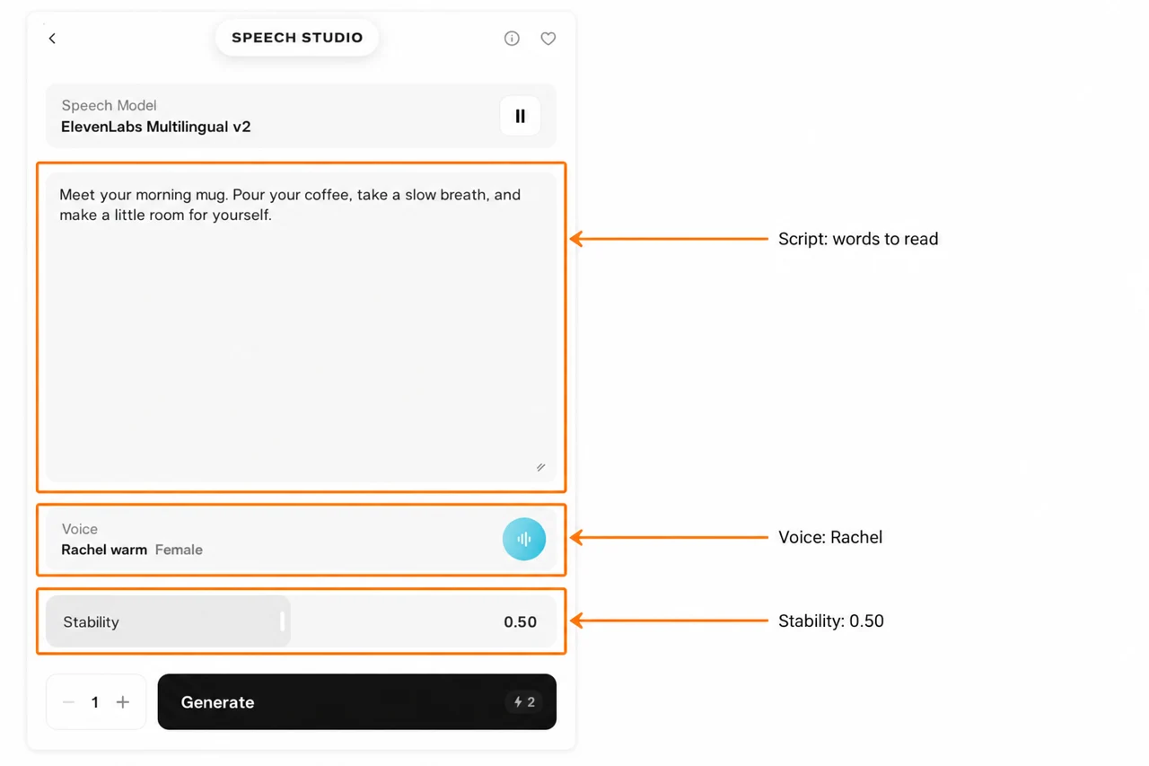 Annotated Rachel input pointing to Script, Voice and Stability 0.50