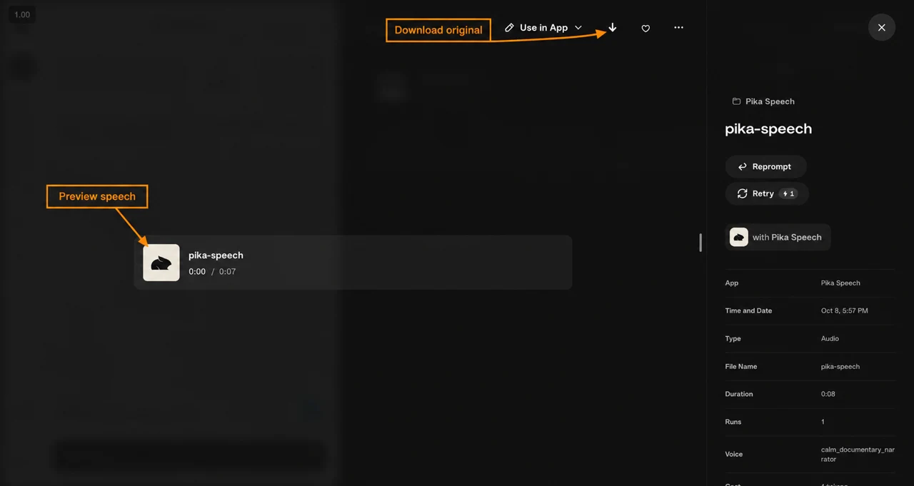 Annotated completed Pika Speech asset pointing to download and audio playback