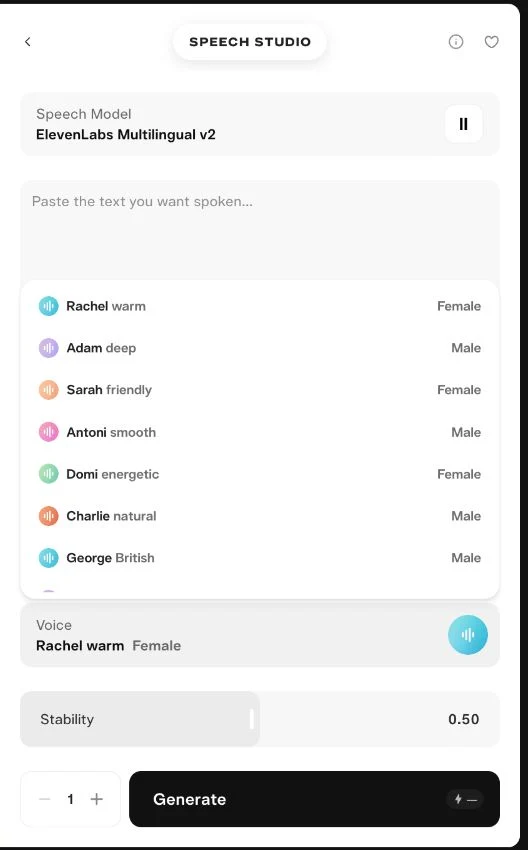 Voice menu showing Rachel, Adam, Sarah and other presets