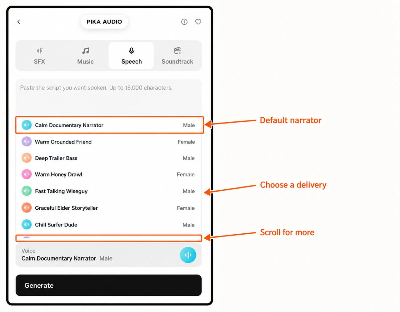 Speech voice menu with default narrator and scrolling list marked