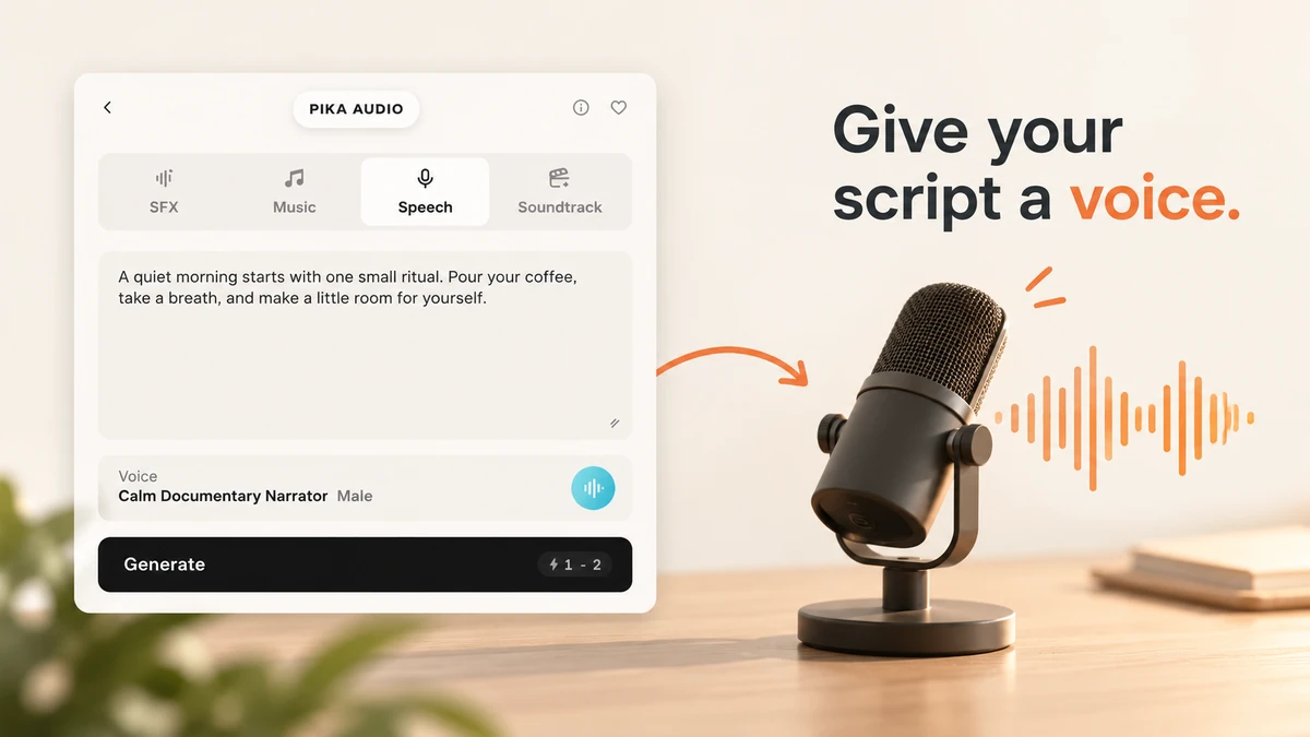 A real Pika Speech script panel leading to a microphone with the hook Give your script a voice.