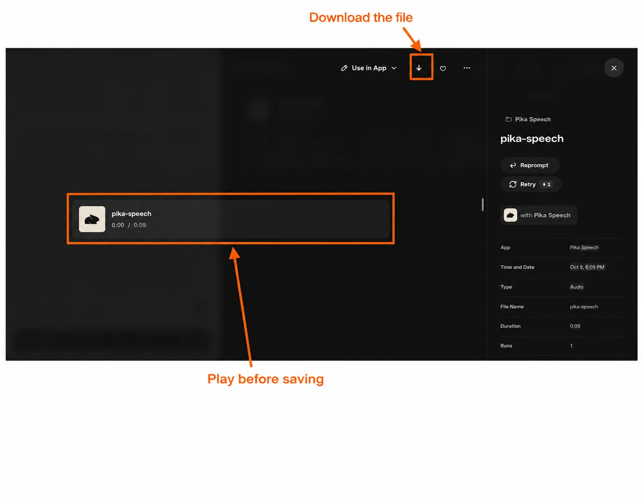 Completed pika-speech audio asset with player and download arrow marked