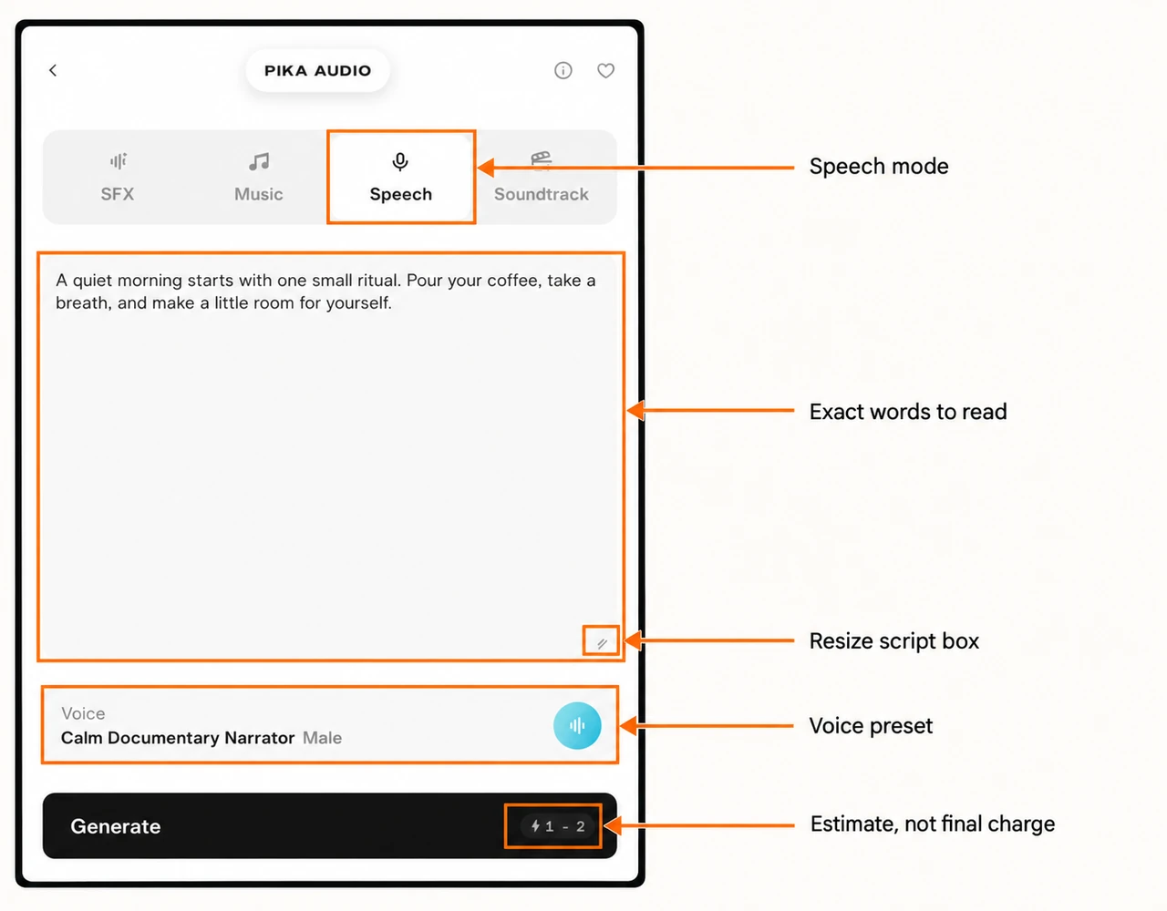 Speech mode exact script resize handle selected narrator and credit estimate marked