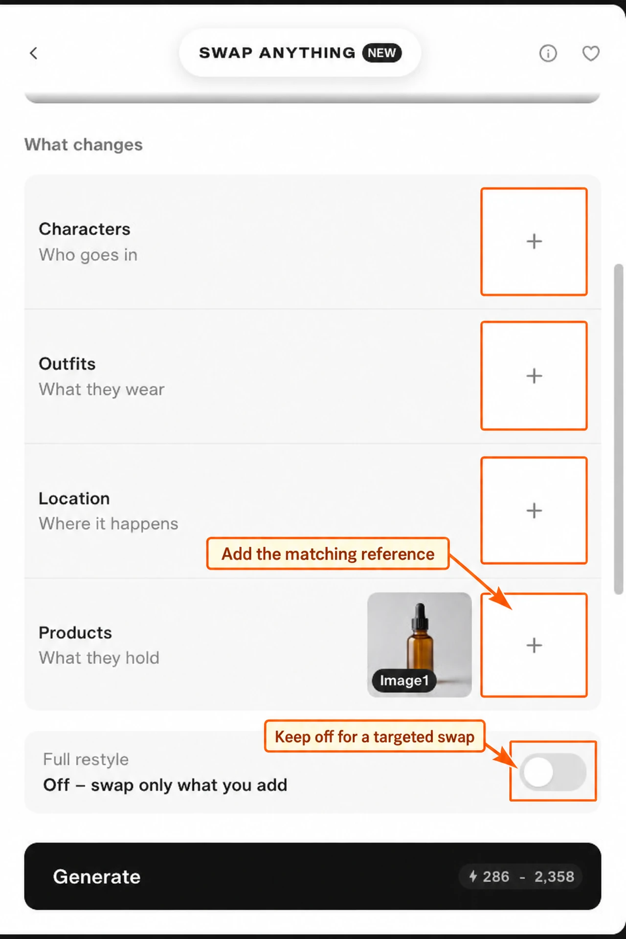 Characters, Outfits, Location and Products reference groups with a bottle attached and Full restyle off