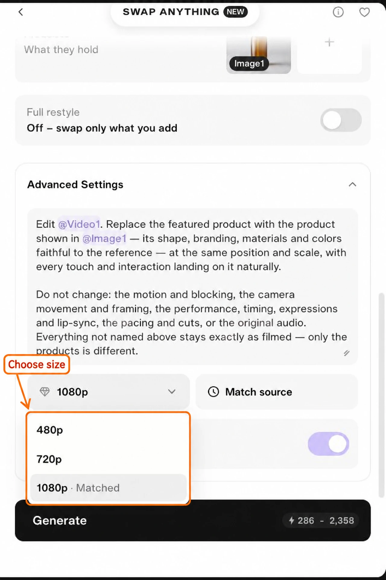 Open resolution menu showing 480p, 720p and matched 1080p