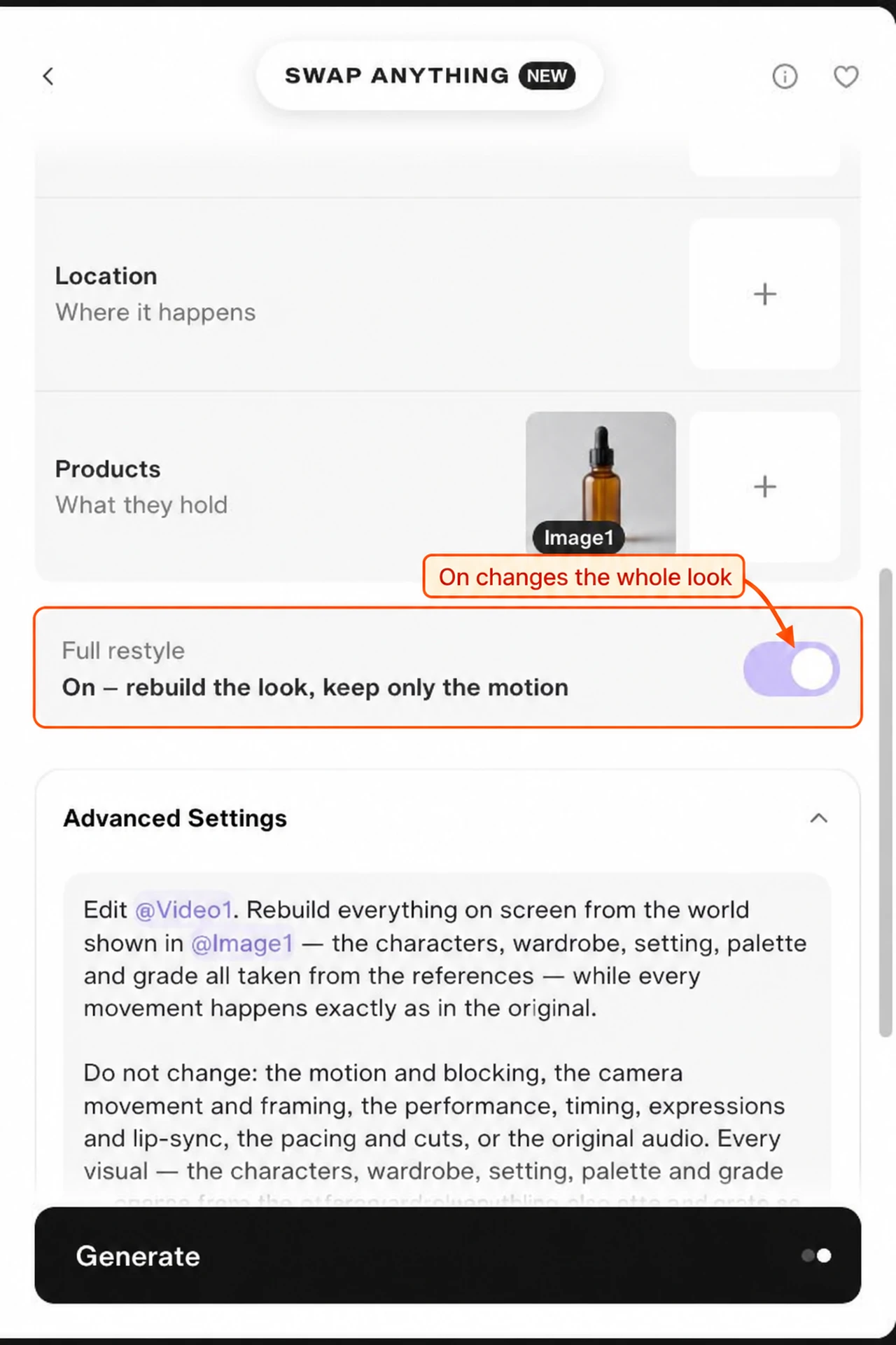 Full restyle enabled and the broader auto-written editing brief marked