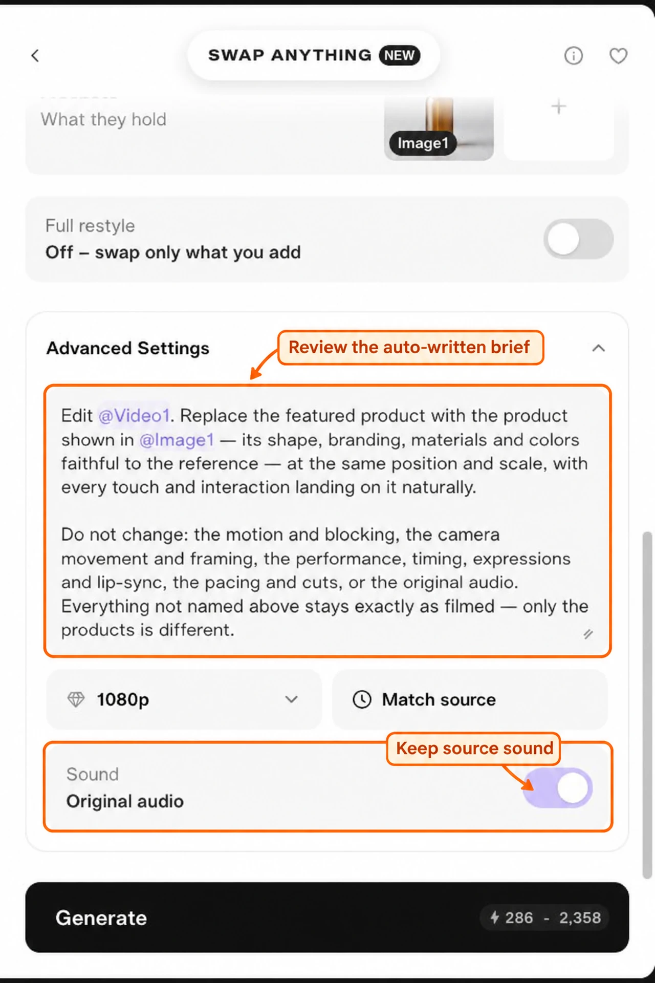 Auto-written product replacement brief, 1080p, Match source and Original audio controls marked