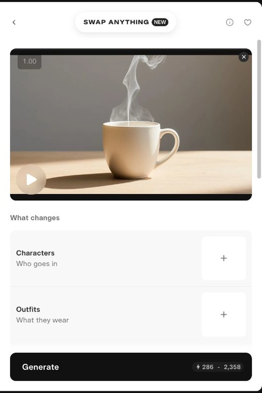 Our mug clip in the source video preview above the Characters and Outfits reference slots