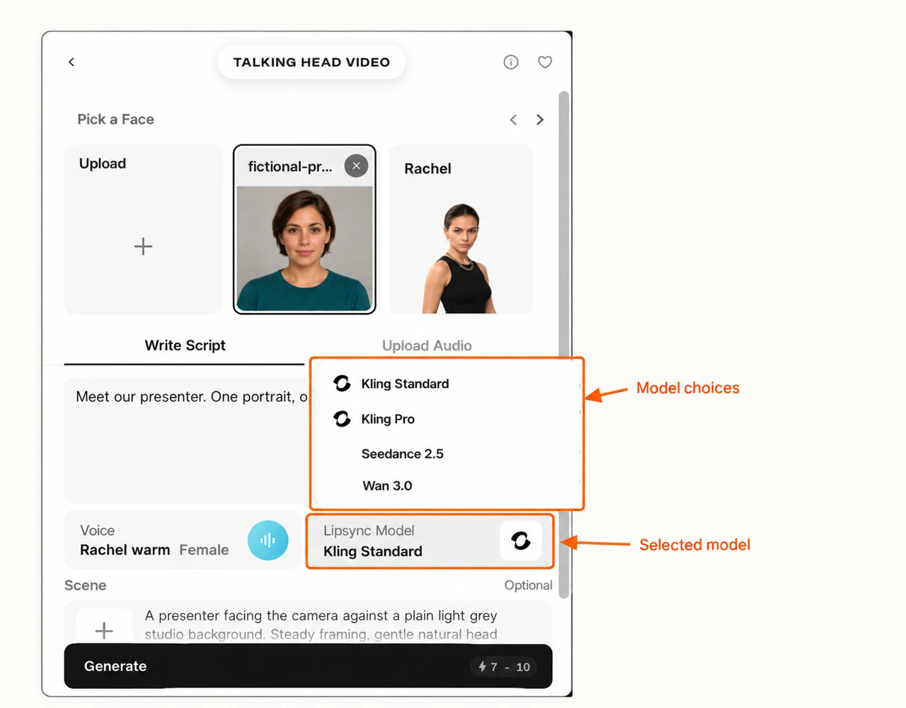Four available lip-sync model options and selected field marked