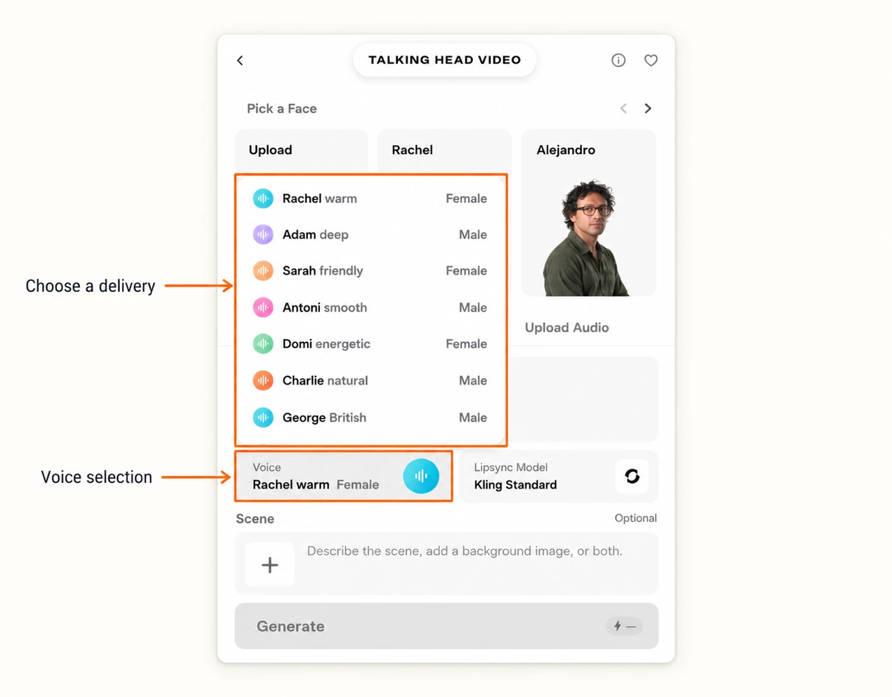 Actual voice selection menu and voice field marked