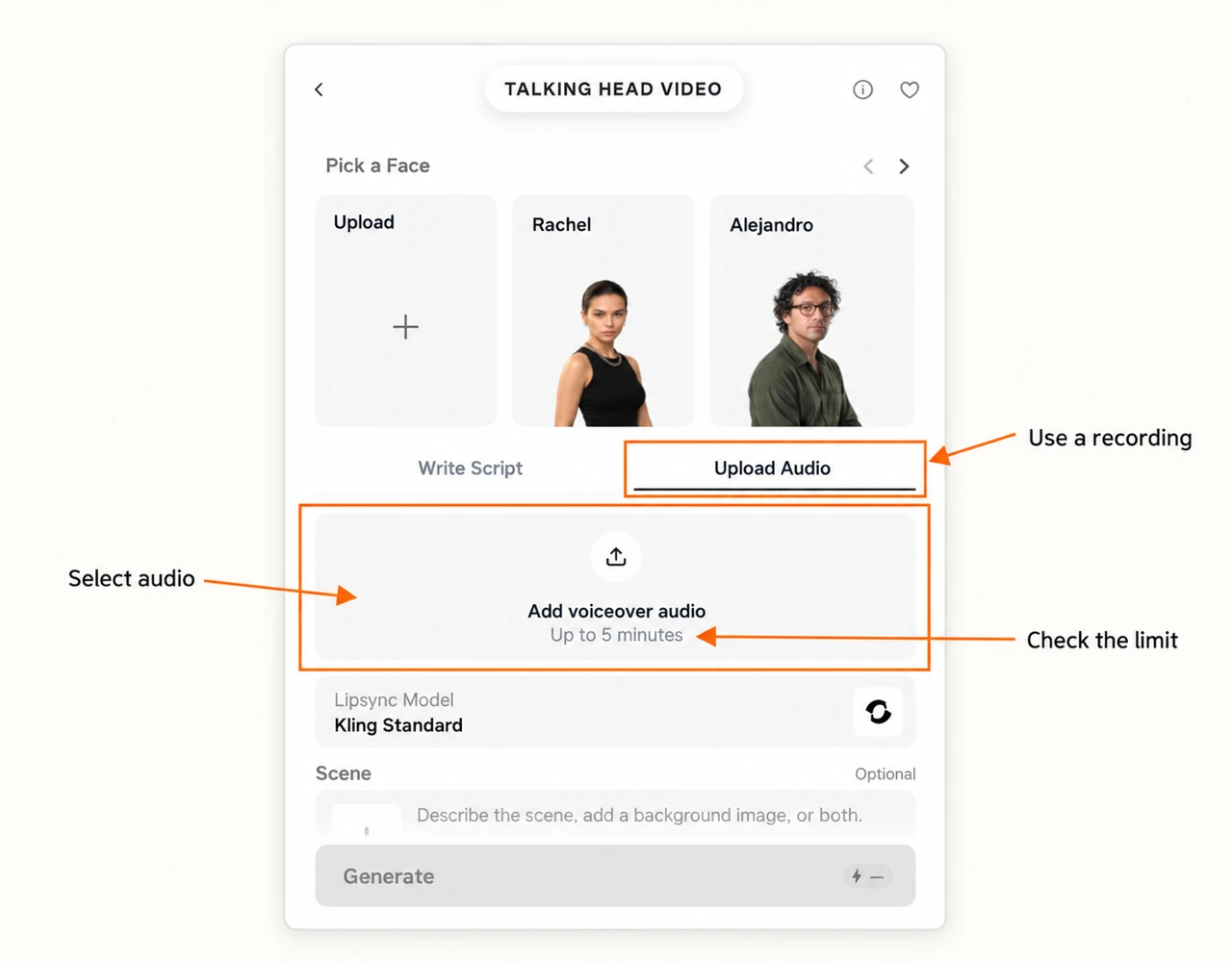 Upload Audio tab and voiceover upload area marked