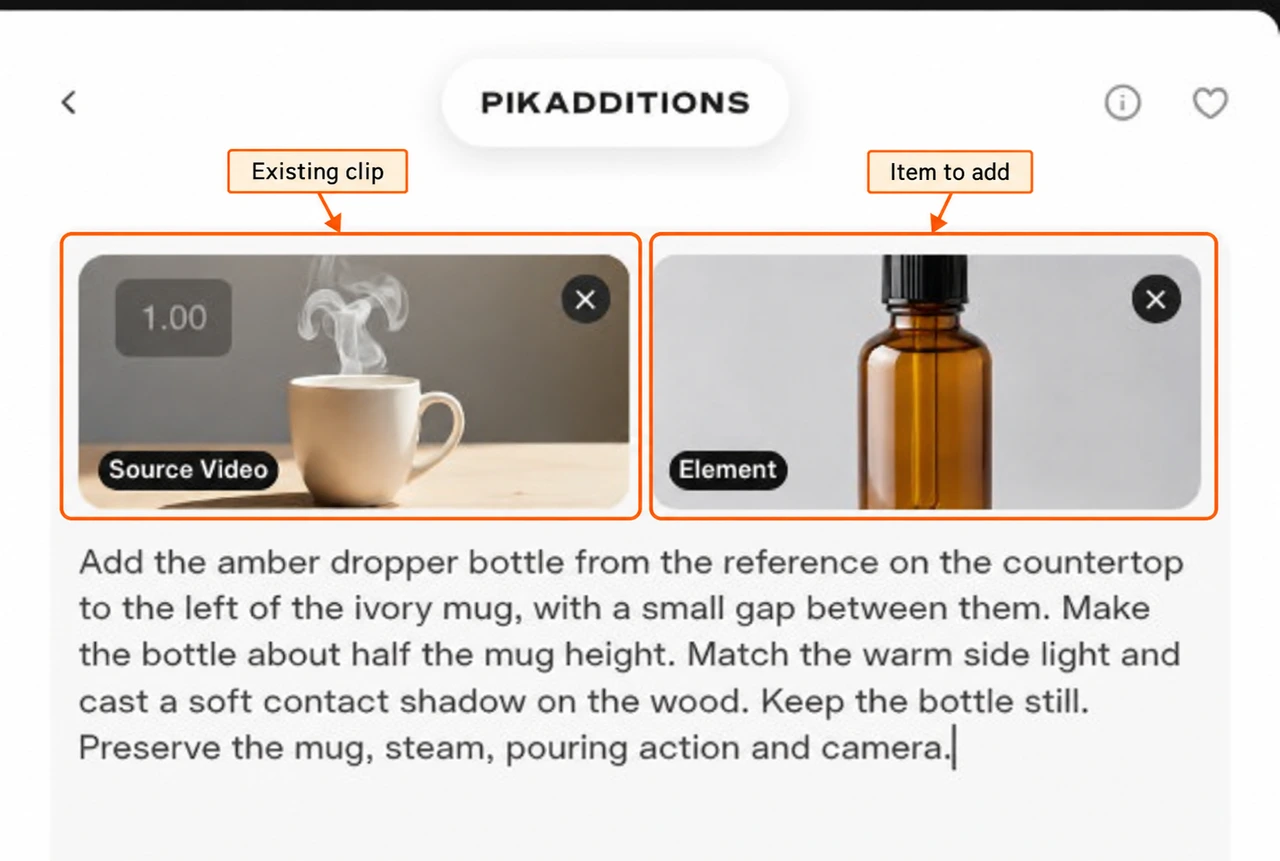 Existing mug video and amber bottle element reference marked above the placement prompt