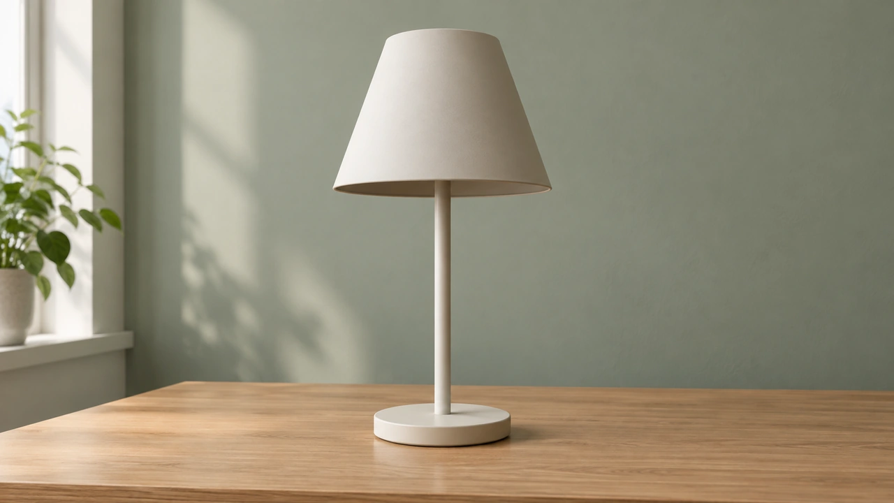 Cream desk lamp unlit on an oak desk