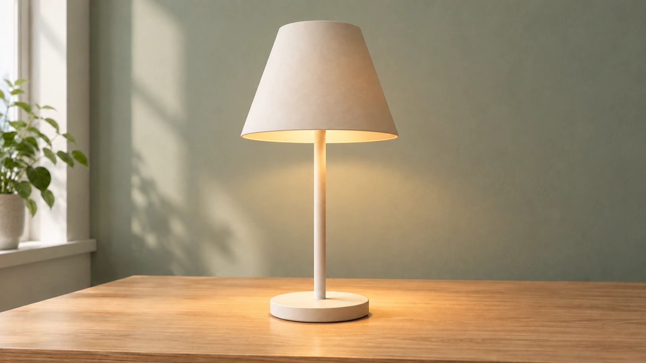 Same lamp lit with a warm pool of light