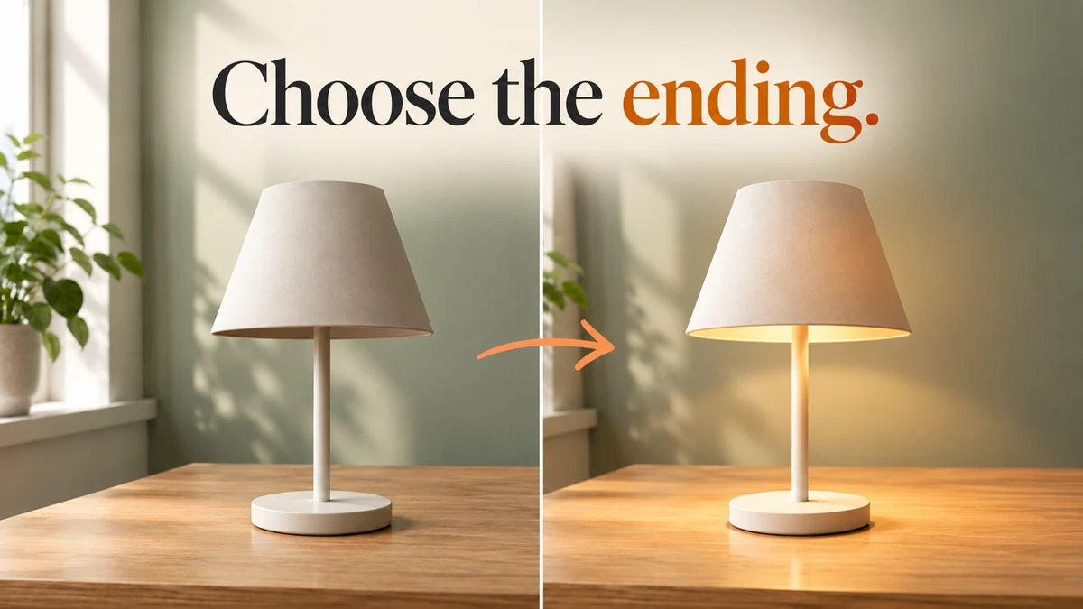 Lamp off beside the real clip's lit ending with an arrow and the hook Choose the ending.