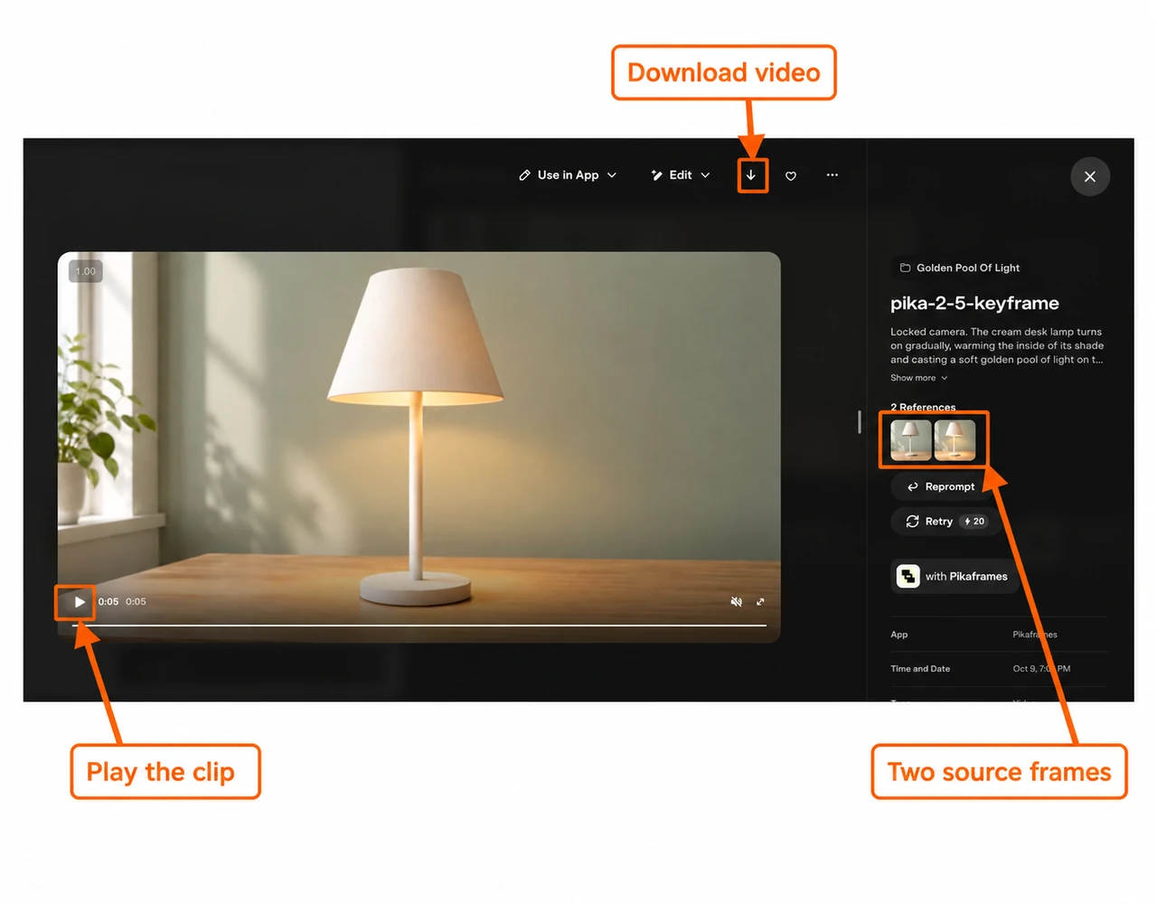 Generated lamp video with play download and two source references marked