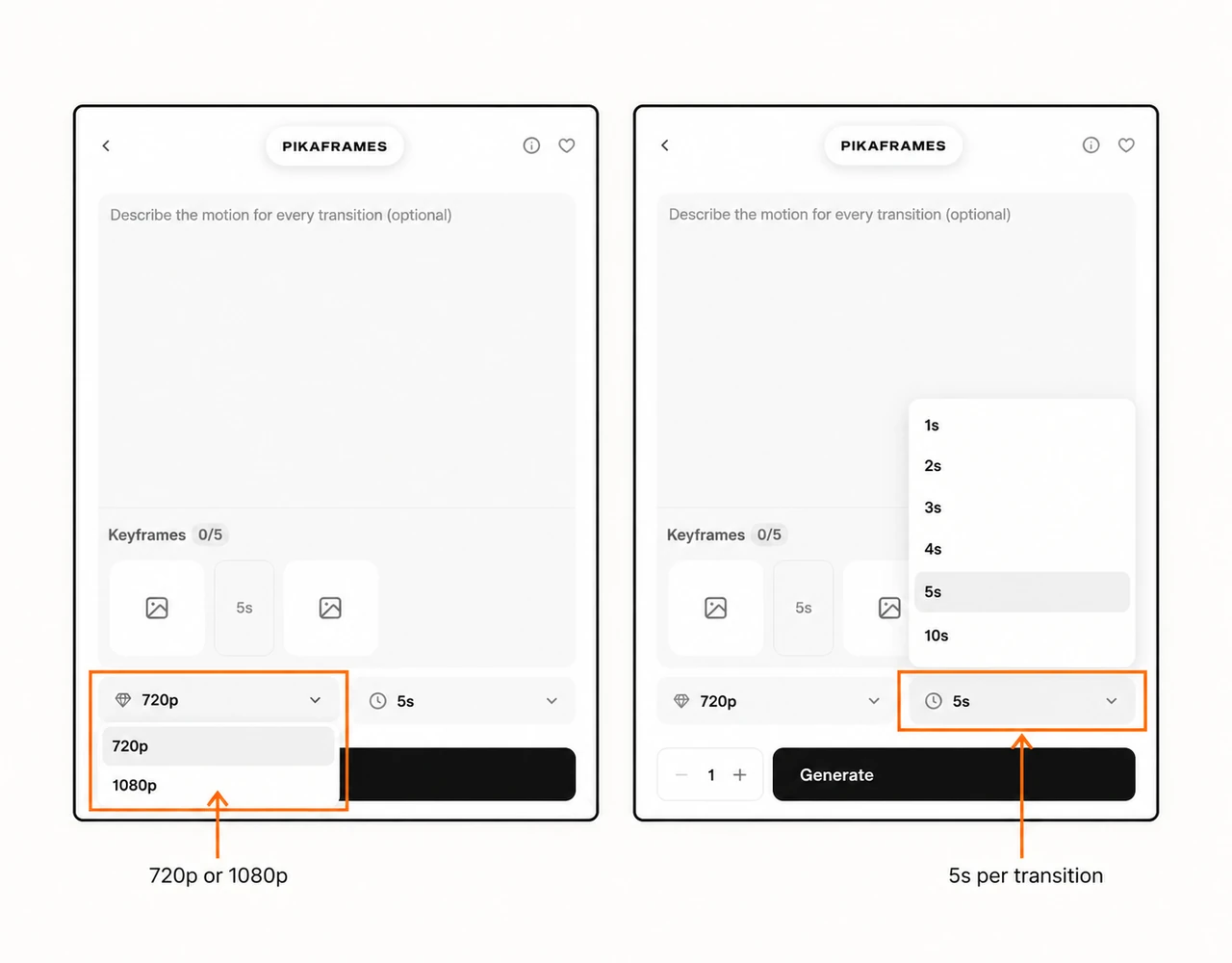 Actual resolution and transition duration menus marked
